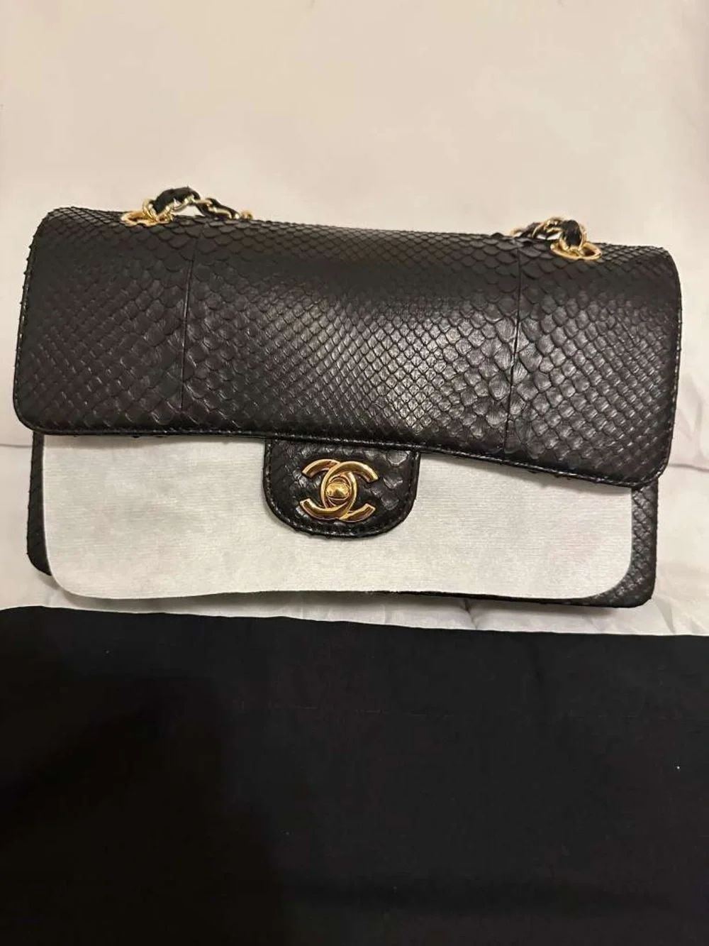 Black Genuine Python Chain Crossbody Bag Double Flap GHW